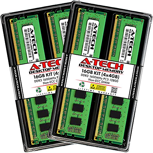 A-Tech Arbeitsspeicher 16 GB (4 x 4 GB) DDR3 1600 MHz PC3-12800 CL11 DIMM 240-Pin Non-ECC UDIMM Desktop RAM Arbeitsspeicher Module von A-Tech