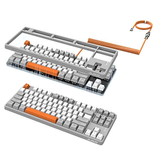 A.JAZZ AK873 Mechanische Gaming-Tastatur mit 87 Tasten TKL mit Regenbogen-Hintergrundbeleuchtung, benutzerdefinierte Spiralflieger C auf A Kabel, magnetische Abdeckung für Win/PC/Mac-Gamer (grauweiß) von A.JAZZ