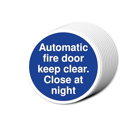 Schild mit Aufschrift "Automatic Fire Door Keep Clear Close At Night", 80 mm x 80 mm, mehrere Packungsgrößen erhältlich, stark selbstklebende Vinyl-Aufkleber für Brandschutztürsicherheit (12) von A1 Graphics Ltd