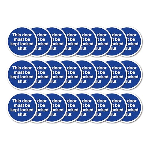 Türschilder mit Aufschrift "This Door Must Be Kept Locked Shut", 80 mm x 80 mm, Multipack, stark haftende Vinyl-Aufkleber für Brandschutztürsicherheit (24) von A1 Graphics Ltd
