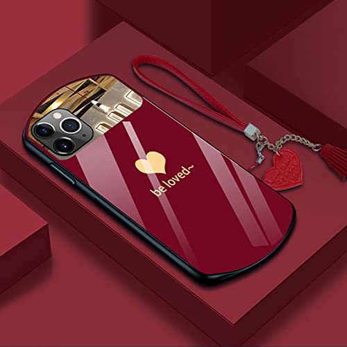 AAA&LIU Luxuriöse süße ovale herzförmige Handyhülle aus gehärtetem Glas für iPhone 13 12 11 Pro Max XSmax XR X SE 8 7 Plus Spiegel-Lanyard-Abdeckung,Rot,Für iPhone 13Promax von AAA&LIU