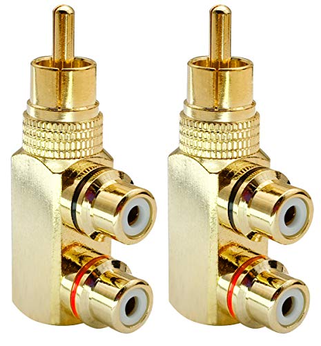 AAOTOKK Cinch Y Splitter Adapter, Vergoldeter 90 Grad Rechtwinkliger Cinch Männlich Stecker Auf 2 Cinch Weiblich Buchse Audio Video Y Splitter AV TV Adapter Metallanschluss(2Stücke/1Bis2) von AAOTOKK