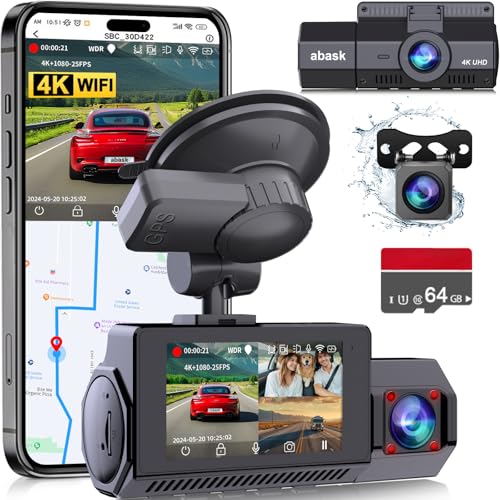 Abask Dashcam Auto 4K WiFi GPS, 3 Kanal Auto Kamera Vorne Hinten Innen 4K+1080P+1080P mit 24 Std. Parküberwachung, Rückfahrassistent, Infrarot Nachtsicht, G-Sensor, Loop-Aufnahm, Weitwinkel, Max 256GB von ABASK