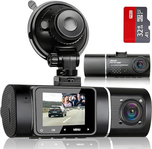 Abask J05 Dashcam Auto 1080P Dash Cam Vorne Innen mit 32GB SD-Karte, 310° Weitwinkelansicht, Autokamera mit Parküberwachung, Bewegungserkennung, Infrarot Nachtsicht, G-Sensor, Loop-Aufnahm, HDR, Akku von ABASK