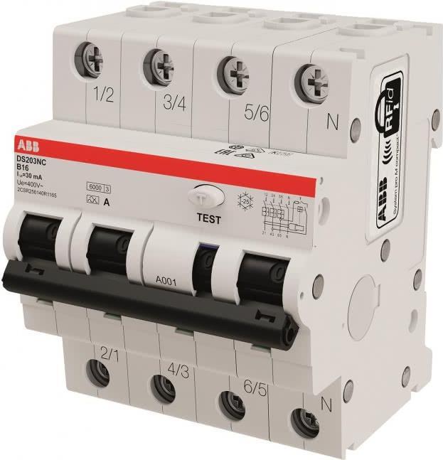 ABB FI/LS-Schalter DS203NCA-B16/0,03 DS203NCA-B16/0,03 6kA, 3P+N, Typ A, B 1 (2CSR256140R1165) von ABB