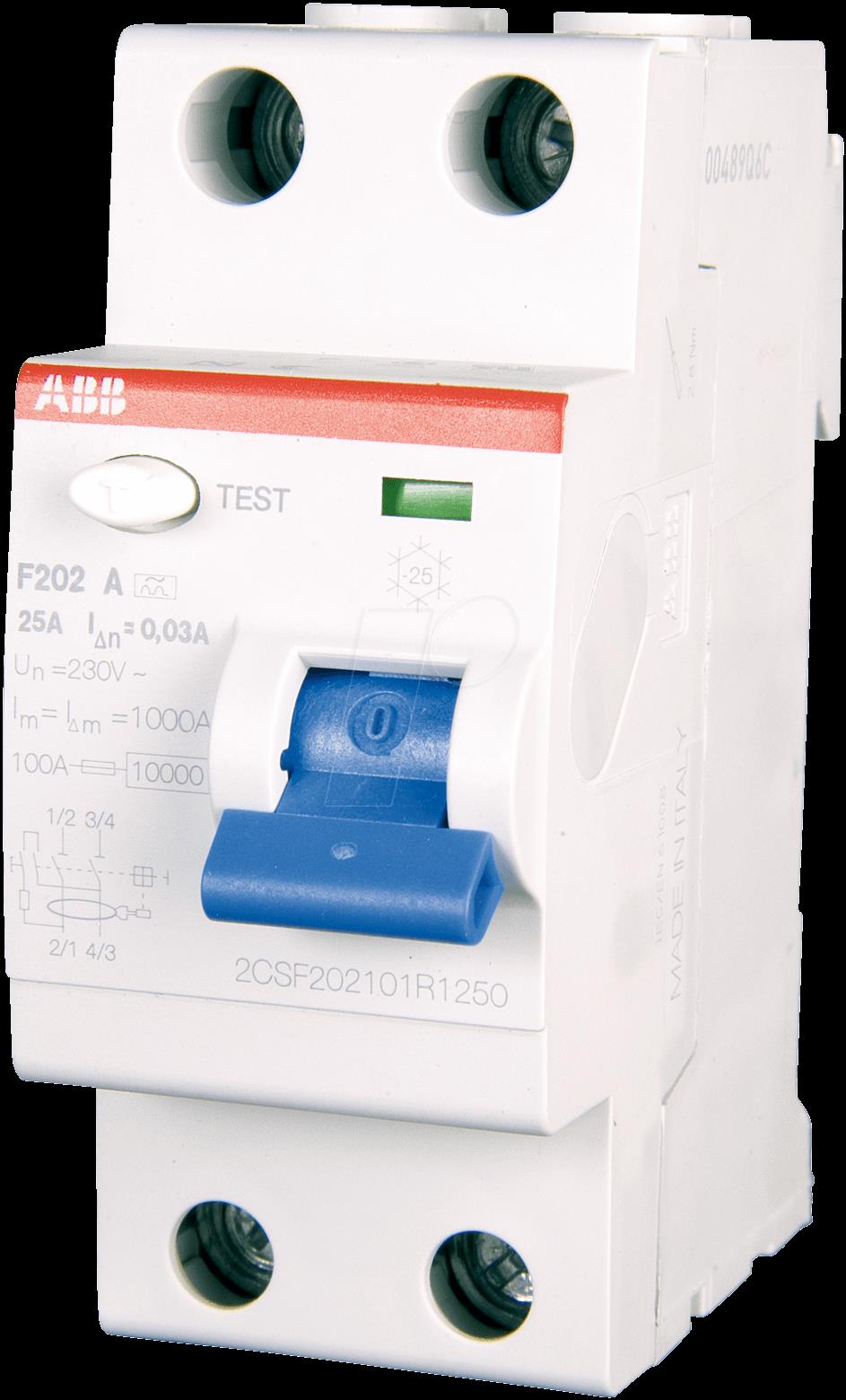 ABB Fehlerstromschutzschalter FI 25 A 30 mA 1 + N (F202 A-25/0,03) von ABB