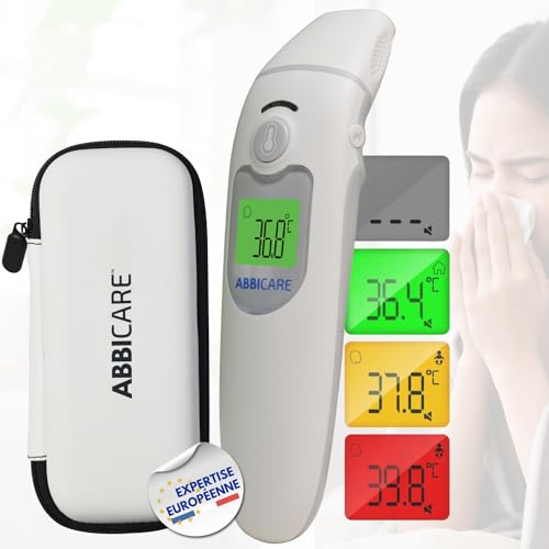 ABBICARE™ Multifunktionales Ohrthermometer mit Tasche | spezieller Modus für Babys, sehr präzise und schnell, 1 Sekunde berührungslos | Professionelles Infrarot-Thermometer für Bad Milch Oberfläche von ABBI Essentiels