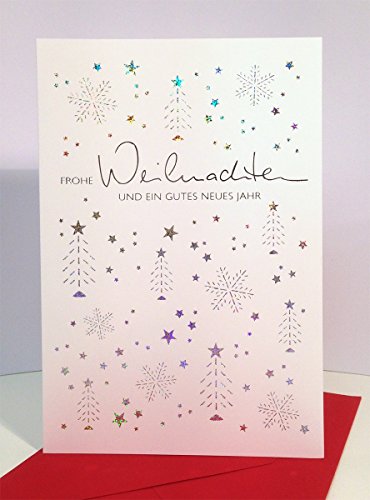 ABC Kunst- und Glückwunschkarten Weihnachtskarte weiß silber mit Holografie Schneeflocken, Christbaum, Sterne von ABC Kunst- und Glückwunschkarten
