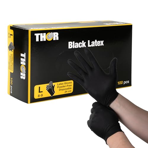 THOR Latexhandschuhe (L), 100 Stück – Einmalhandschuhe Schwarz, handschuhe einweg, puderfrei – Einweghandschuhe & küchenhandschuhe zum Kochen, Putzen, Grillen & für die Werkstatt – Größen S, M, L, XL von ABENA