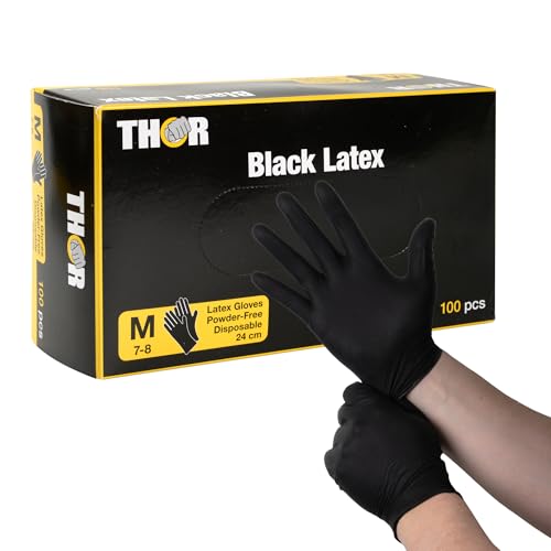 THOR Latexhandschuhe (M), 100 Stück – Einmalhandschuhe Schwarz, handschuhe einweg, puderfrei – Einweghandschuhe & küchenhandschuhe zum Kochen, Putzen, Grillen & für die Werkstatt – Größen S, M, L, XL von ABENA