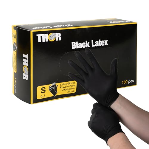 ABENA THOR Black Latexhandschuhe 100 Stück (Größe S) | Schwarze Puderfreie Einmalhandschuhe zum Kochen Putzen Grillen uvm | Einweghandschuhe ohne Puder | Einweg Handschuh Küche Werkstatt von ABENA