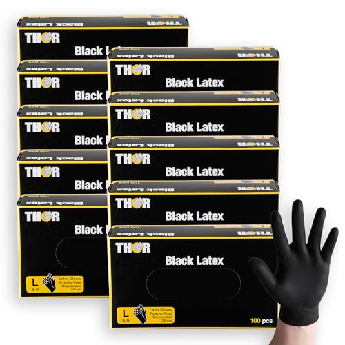 ABENA THOR Black Latexhandschuhe 10x100 Stück (Größe L) | Schwarze Puderfreie Einmalhandschuhe zum Kochen Putzen Grillen uvm | Einweghandschuhe ohne Puder | Einweg Handschuh Küche Werkstatt von ABENA