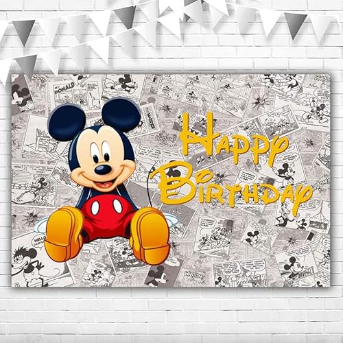 Vintage Mickey Mouse Hintergrund 1,5 x 0,9 m klassische Mickey Mouse rot und schwarz Happy Birthday Hintergrund Vinyl Mickey Mouse First Year Banner für Kinder Party Supplies von ABINE