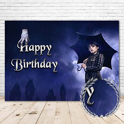 Wednesday Addams Happy Birthday Hintergrund 2,1 x 1,5 m Mittwoch Addams Geburtstag Hintergrund Marlina für Mädchen Vinyl Mittwoch Addams Thema Geburtstagsdekorationen Banner personalisiert von ABINE