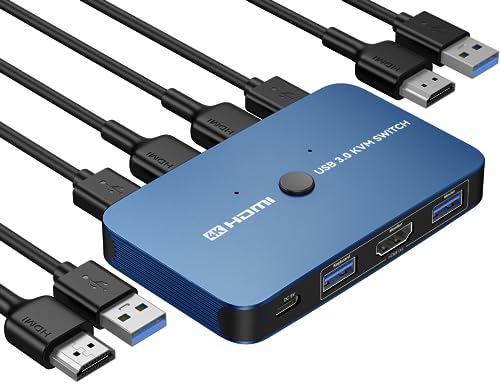 ABLEWE KVM Switch, Aluminium KVM Switch HDMI, USB-Switch für 2 Computer, zum Teilen von Maus, unterstützt 4K @ 60Hz, 2 HDMI-Kabel und 2 USB-Kabel im Lieferumfang enthalten (blau) von ABLEWE
