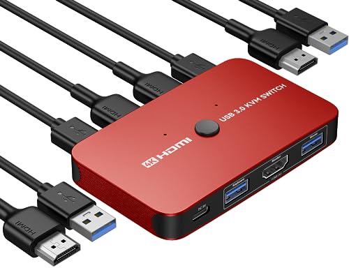 ABLEWE KVM Switch, Aluminium KVM Switch HDMI, USB-Switch für 2 Computer, zum Teilen von Maus, unterstützt 4K @ 60Hz, 2 HDMI-Kabel und 2 USB-Kabel im Lieferumfang enthalten (rot) von ABLEWE