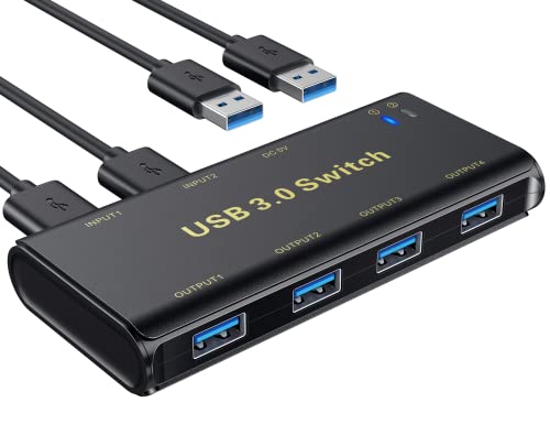 ABLEWE USB Switch 3.0, 4 Ports USB 3.0 Teilen USB Umschalter für 2 PCs 2 In 4 Out mit 2 USB 3.0 Kabel für Drucker, Scanner, Tastatur, USB Sticks, Festplatten, Maus, Headset usw Schwarz von ABLEWE