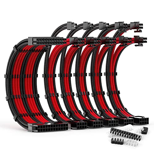 ABNO1 Netzteil-Kabelverlängerungs-Set, 30 cm Länge mit zwei Sets von Kabelkämmen, 1 x 24-polig/2 x 8-polig (4+4)/3 x 8-polig (6P+2P), PC-ummanteltes Kabel für ATX-Netzteil (schwarz/rot) von ABNO1