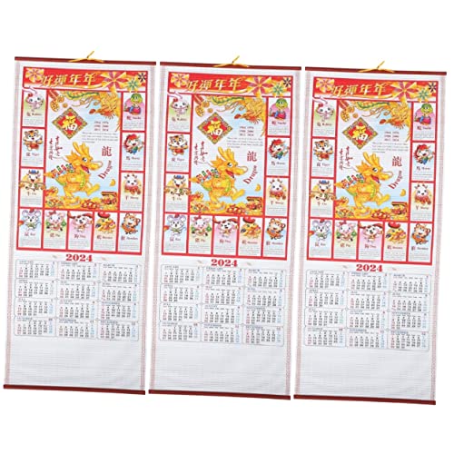 ABOOFAN 3 Stück 2024 Kalender Neujahr Wandkalender China Tagesblockkalender Für Schreibtisch Schreibtischplaner 2024 Feine Nachahmung Rattan Poster Papier Hängerolle Traditioneller von ABOOFAN