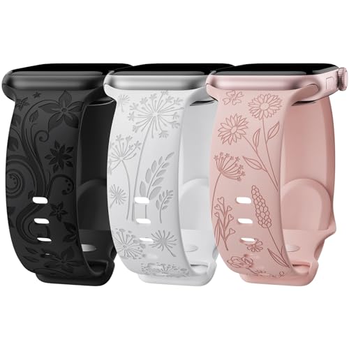 3 Stück Floral Gravierte Silikon Armband Kompatibel mit Apple Watch Armband 41mm 40mm 38mm iWatch Serie 9 Ultra SE 8 7 6 5 4 3 2 1 für Damen, A38 von ABOVEACC