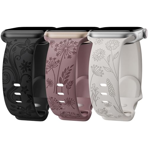 3 Stück Floral Gravierte Silikon Armband Kompatibel mit Apple Watch Armband 41mm 40mm 38mm iWatch Serie 9 Ultra SE 8 7 6 5 4 3 2 1 für Damen, B38 von ABOVEACC