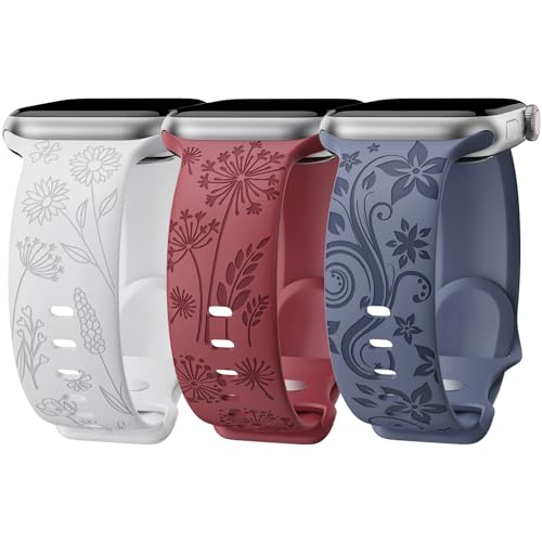 3 Stück Floral Gravierte Silikon Armband Kompatibel mit Apple Watch Armband 41mm 40mm 38mm iWatch Serie 9 Ultra SE 8 7 6 5 4 3 2 1 für Damen, F38 von ABOVEACC