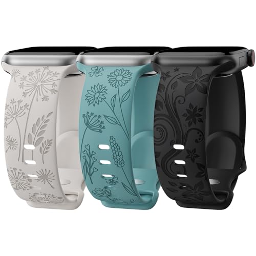 3 Stück Floral Gravierte Silikon Armband Kompatibel mit Apple Watch Armband 45mm 44mm 42mm 49mm iWatch Serie 9 Ultra SE 8 7 6 5 4 3 2 1 für Damen, C42 von ABOVEACC