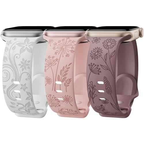 3 Stück Floral Gravierte Silikon Armband Kompatibel mit Apple Watch Armband 45mm 44mm 42mm 49mm iWatch Serie 9 Ultra SE 8 7 6 5 4 3 2 1 für Damen, E42 von ABOVEACC