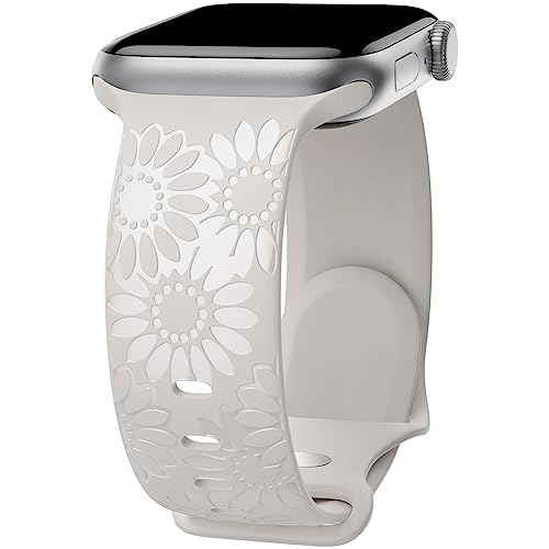 Sonnenblume Gravierte Armband Kompatibel mit Apple Watch Armband 38mm 40mm 41mm 42mm 44mm 45mm 49mm Damen, Weich Silikon Sport Ersatzarmband für iWatch Serie Ultra 9 8 7 SE 6 5 4 3 2 1, Sternenlicht38 von ABOVEACC