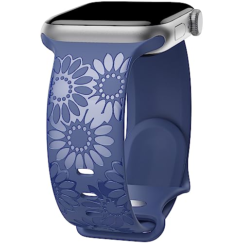 Sonnenblume Gravierte Armband Kompatibel mit Apple Watch Armband 38mm 40mm 41mm 42mm 44mm 45mm 49mm Damen, Weich Silikon Sport Ersatzarmband für iWatch Serie Ultra 9 8 7 SE 6 5 4 3 2 1, Blau/38 von ABOVEACC