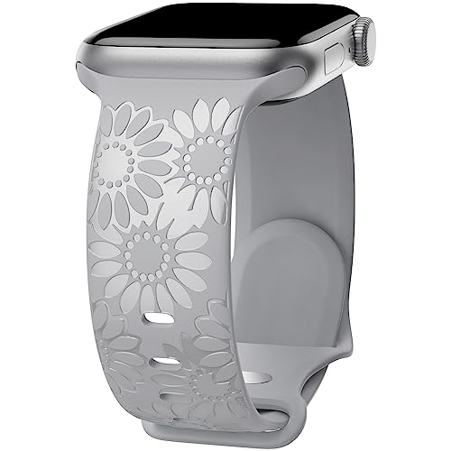 Sonnenblume Gravierte Armband Kompatibel mit Apple Watch Armband 38mm 40mm 41mm 42mm 44mm 45mm 49mm Damen, Weich Silikon Sport Ersatzarmband für iWatch Serie Ultra 9 8 7 SE 6 5 4 3 2 1, Grau/38 von ABOVEACC