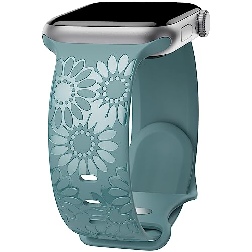 Sonnenblume Gravierte Armband Kompatibel mit Apple Watch Armband 38mm 40mm 41mm 42mm 44mm 45mm 49mm Damen, Weich Silikon Sport Ersatzarmband für iWatch Serie Ultra 9 8 7 SE 6 5 4 3 2 1, Grün/38 von ABOVEACC