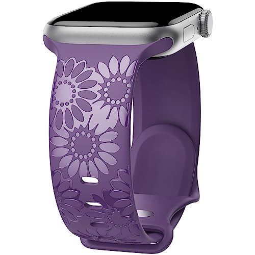 Sonnenblume Gravierte Armband Kompatibel mit Apple Watch Armband 38mm 40mm 41mm 42mm 44mm 45mm 49mm Damen, Weich Silikon Sport Ersatzarmband für iWatch Serie Ultra 9 8 7 SE 6 5 4 3 2 1, Lila/38 von ABOVEACC