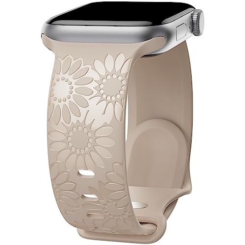 Sonnenblume Gravierte Armband Kompatibel mit Apple Watch Armband 38mm 40mm 41mm 42mm 44mm 45mm 49mm Damen, Weich Silikon Sport Ersatzarmband für iWatch Serie Ultra 9 8 7 SE 6 5 4 3 2 1, Milchtee/38 von ABOVEACC