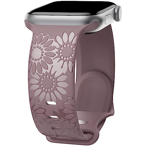 Sonnenblume Gravierte Armband Kompatibel mit Apple Watch Armband 38mm 40mm 41mm 42mm 44mm 45mm 49mm Damen, Weich Silikon Sport Ersatzarmband für iWatch Serie Ultra 9 8 7 SE 6 5 4 3 2 1, Rauch lila/38 von ABOVEACC