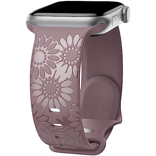 Sonnenblume Gravierte Armband Kompatibel mit Apple Watch Armband 38mm 40mm 41mm 42mm 44mm 45mm 49mm Damen, Weich Silikon Sport Ersatzarmband für iWatch Serie Ultra 9 8 7 SE 6 5 4 3 2 1, Rauch lila/38 von ABOVEACC