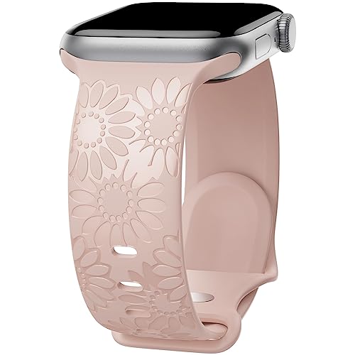 Sonnenblume Gravierte Armband Kompatibel mit Apple Watch Armband 38mm 40mm 41mm 42mm 44mm 45mm 49mm Damen, Weich Silikon Sport Ersatzarmband für iWatch Serie Ultra 9 8 7 SE 6 5 4 3 2 1, Rosa Sand/42 von ABOVEACC