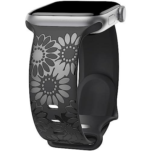 Sonnenblume Gravierte Armband Kompatibel mit Apple Watch Armband 38mm 40mm 41mm 42mm 44mm 45mm 49mm Damen, Weich Silikon Sport Ersatzarmband für iWatch Serie Ultra 9 8 7 SE 6 5 4 3 2 1, Schwarz/38 von ABOVEACC