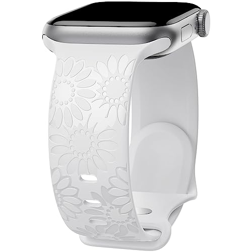 Sonnenblume Gravierte Armband Kompatibel mit Apple Watch Armband 38mm 40mm 41mm 42mm 44mm 45mm 49mm Damen, Weich Silikon Sport Ersatzarmband für iWatch Serie Ultra 9 8 7 SE 6 5 4 3 2 1, Weiß/42 von ABOVEACC