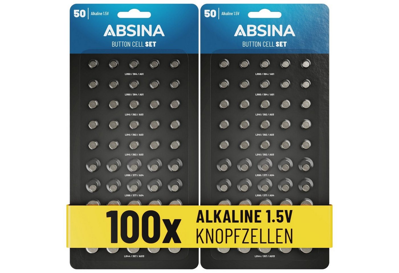 ABSINA 100er Pack Alkaline Knopfzellen Batterien - AG1 AG3 AG4 AG10 AG13 Knopfzelle, (1 St) von ABSINA