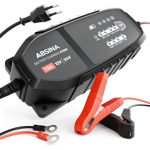 ABSINA 12V & 24V Batterieladegerät KFZ 7,5 A für Blei Batterie bis 240Ah & 12,8V Lithium - Ladegerät 24V & 12V für Auto Wohnmobil LKW UVM - 12V & 24V Erhaltungsladegerät, Ladegerät Autobatterie von ABSINA