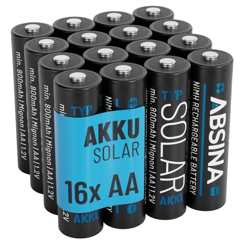 ABSINA 16x Solar Akku AA wiederaufladbar 800mAh 1.2V NiMH - Mignon AA Solar Batterien für Solarleuchten - Solarakkus AA mit geriner Selbstentladung - Akku Solar Batterie, Akkus für Solarlampen von ABSINA