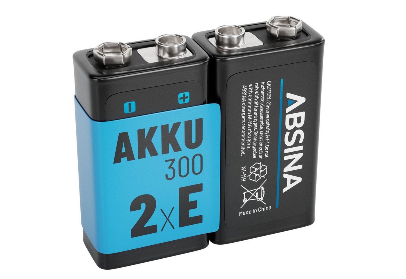 ABSINA 2x 9V Akku Block wiederaufladbar 300 mit geringer Selbstentladung Akku von ABSINA