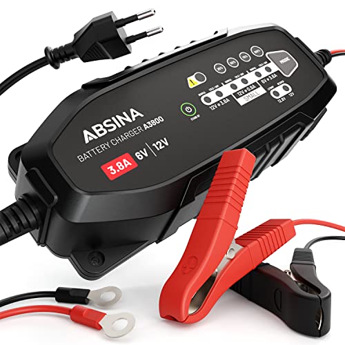 ABSINA 3,8 A Batterieladegerät KFZ für 6V & 12V Blei Batterie bis 120Ah & 12,8V Lithium - Ladegerät Autobatterie - AGM Ladegerät 12V für Auto Motorrad Wohnwagen - Erhaltungsladegerät von ABSINA