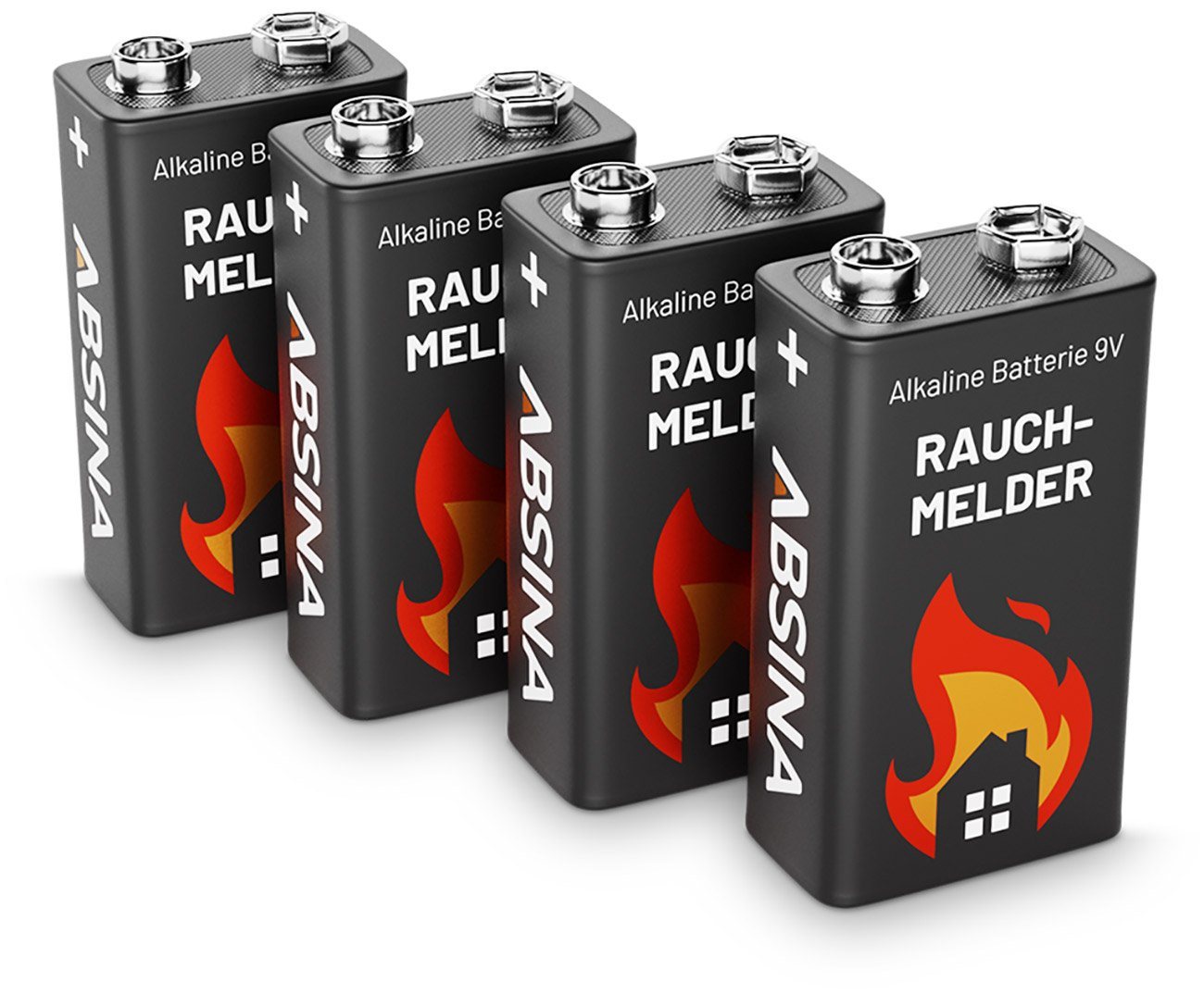 ABSINA 4er Pack Alkaline 9V 6LR61 Block-Batterien ideal für Rauchmelder, Rau Batterie, (9,0 V) von ABSINA