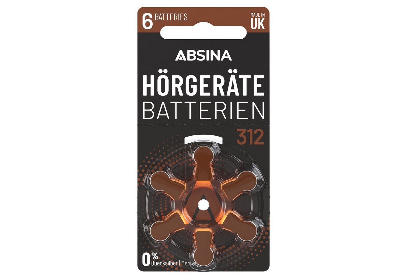ABSINA 6x Hörgerätebatterien 312 - Batterien für Hörgeräte Typ 312 PR41 ZL3 Knopfzelle, (1 St) von ABSINA