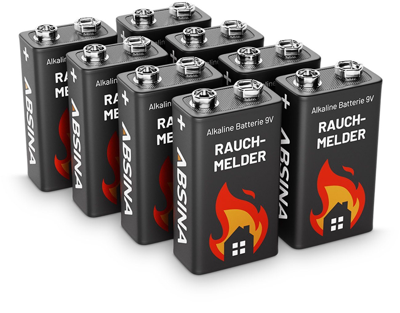 ABSINA 8er Pack Alkaline 9V 6LR61 Block-Batterien ideal für Rauchmelder, Rau Batterie, (9,0 V) von ABSINA