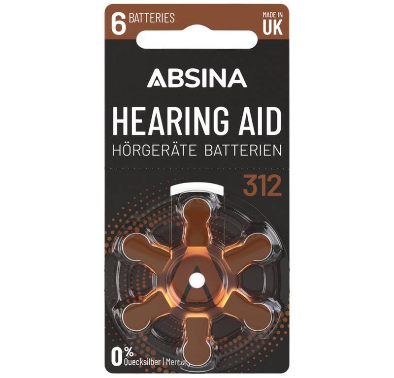 ABSINA Absina Hörgerätebatterie ZA 312 1.4 V 6 St. Zink-Luft PR41 Knopfzelle, (1.40 V) von ABSINA