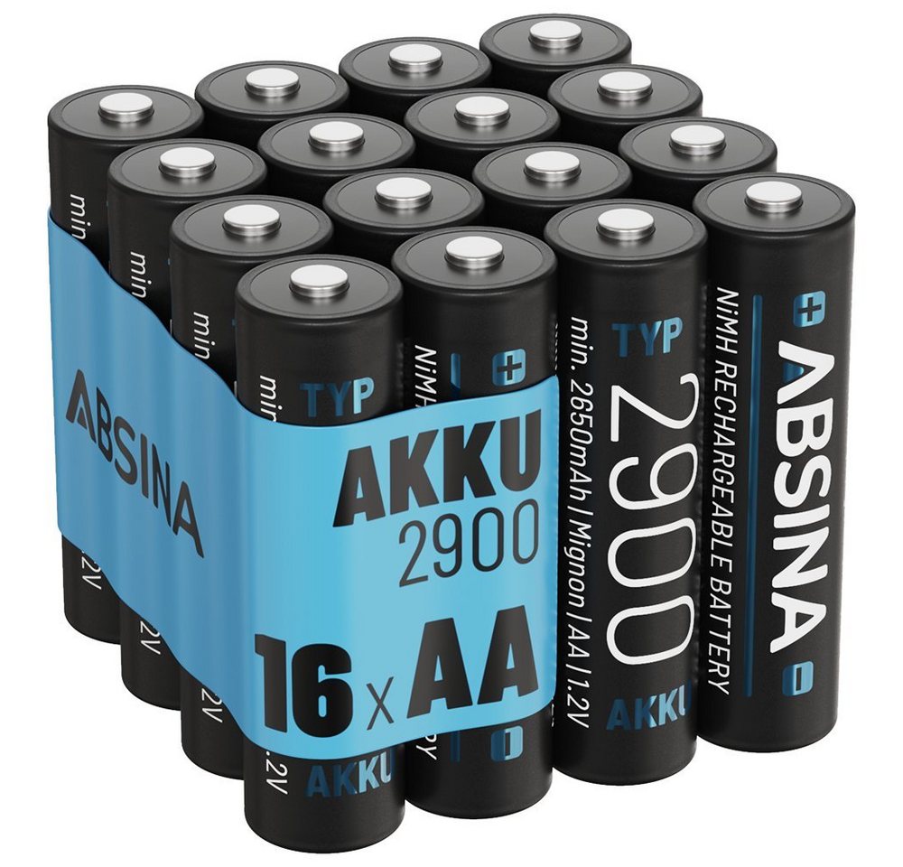 ABSINA Akku AA Mignon 2900 16er Pack - NiMH Wiederaufladbarer AA Akku mit min. 2650mAh & 1,2V - Akkus AA für Geräte mit hohem Stromverbrauch - AA Akkus ideal für Blitzgerät, Wii & Xbox Controller Akku 2650 mAh (1.2 V) von ABSINA