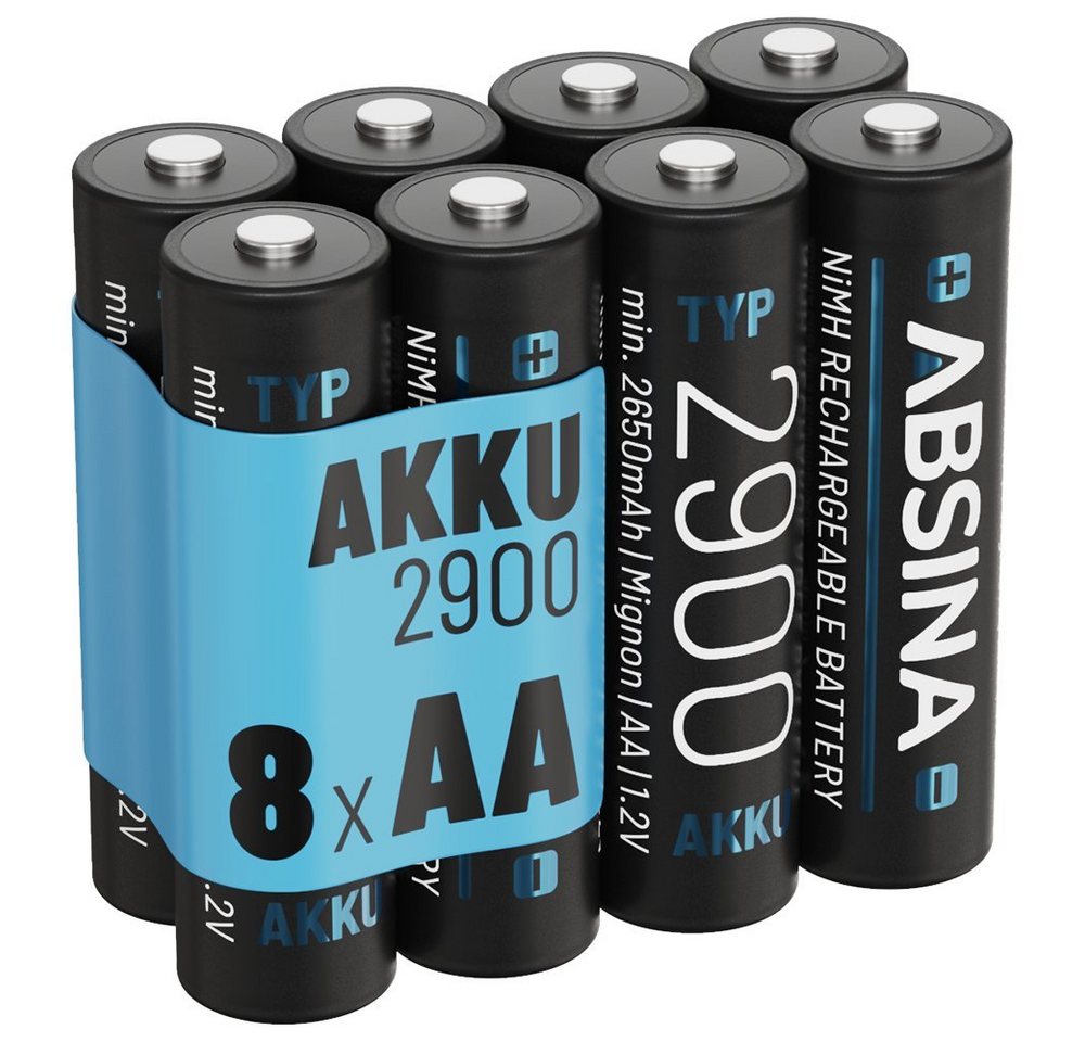 ABSINA Akku AA Mignon 2900 8er Pack - NiMH Wiederaufladbarer AA Akku mit min. 2650mAh & 1,2V - Akkus AA für Geräte mit hohem Stromverbrauch - AA Akkus ideal für Blitzgerät, Wii & Xbox Controller Akku 2650 mAh (1.2 V) von ABSINA